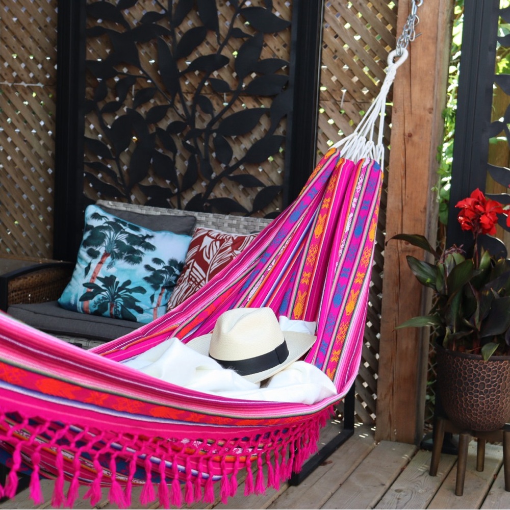 Handmade Ecuadorian Boho Style Fuchsia Pink Hammock with Fringe